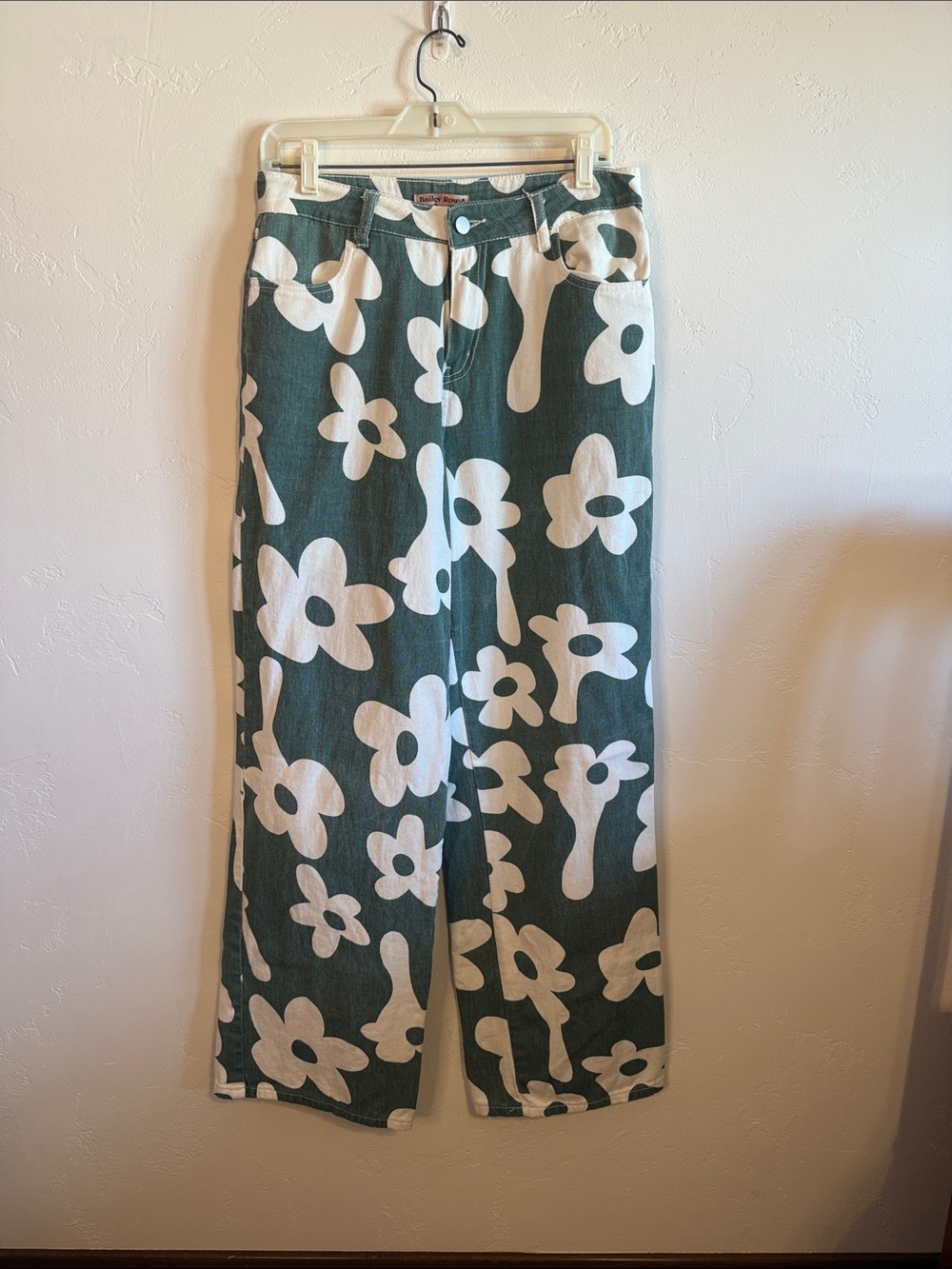 High-Rise Wide Leg Jeans with White Floral Print in Green